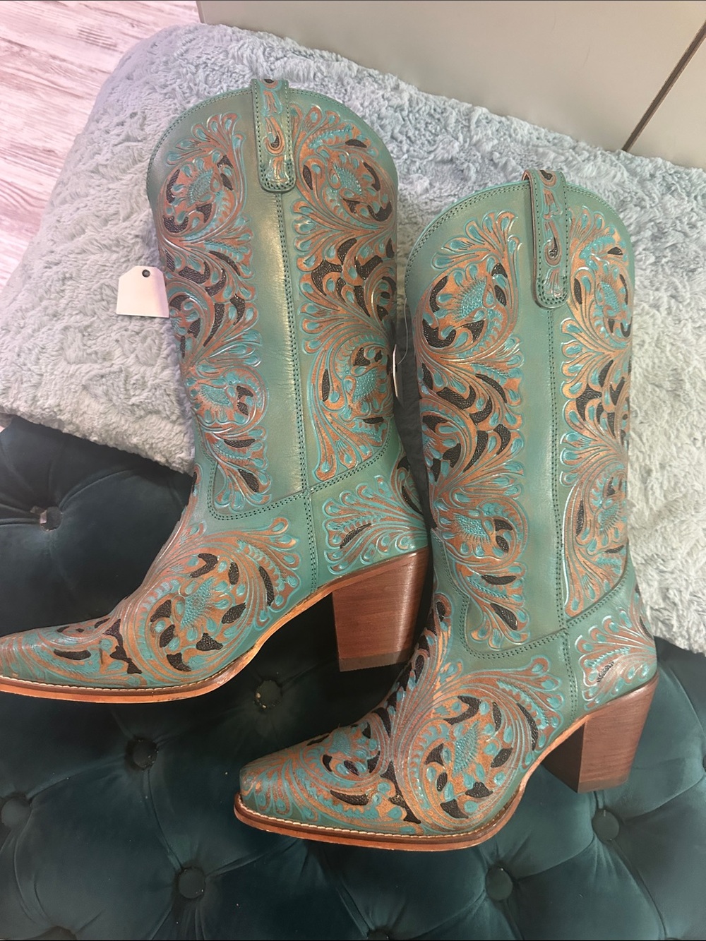 Myra Bag Turquoise and Brown Embroidered Western Heeled Boots
